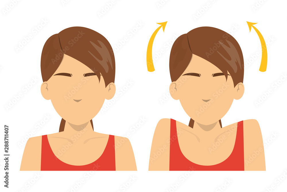 Shoulder shrug exercise. Stretch to relieve neck pain Shoulder shrug exercise. Stretch to relieve neck pain