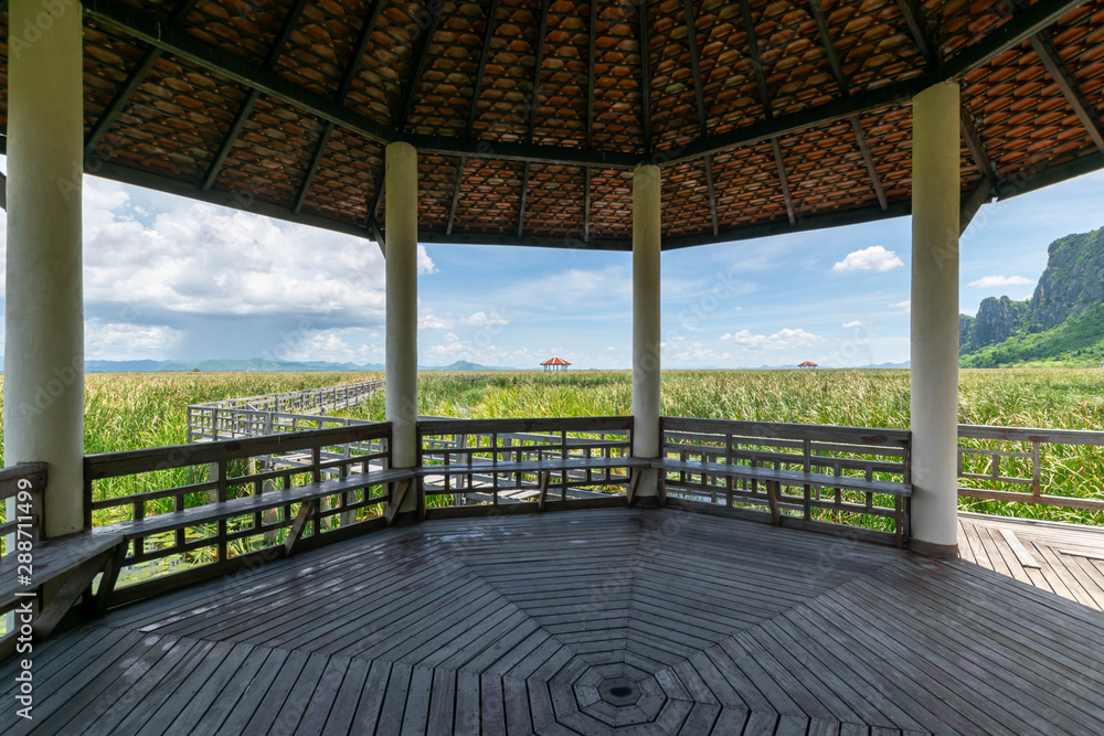 Wooden bridge over a lake with blue sky in Sam Roi Yod National Park, Prachuap Khiri Khan, Thailand