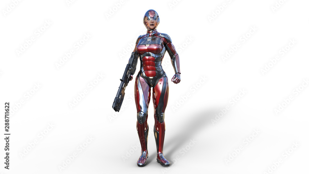 Futuristic android soldier woman in bulletproof armor, military cyborg girl armed with sci-fi rifle gun standing on white background, 3D rendering