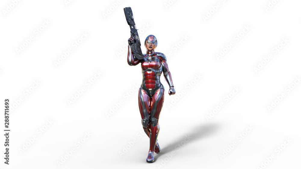 Futuristic android soldier woman in bulletproof armor, military cyborg girl armed with sci-fi rifle gun walking on white background, 3D rendering Futuristic android soldier woman in bulletproof armor, military cyborg girl armed with sci-fi rifle gun walking on white background, 3D rendering