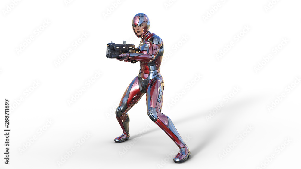 Futuristic android soldier woman in bulletproof armor, military cyborg girl armed with sci-fi rifle gun shooting on white background, 3D rendering Futuristic android soldier woman in bulletproof armor, military cyborg girl armed with sci-fi rifle gun shooting on white background, 3D rendering