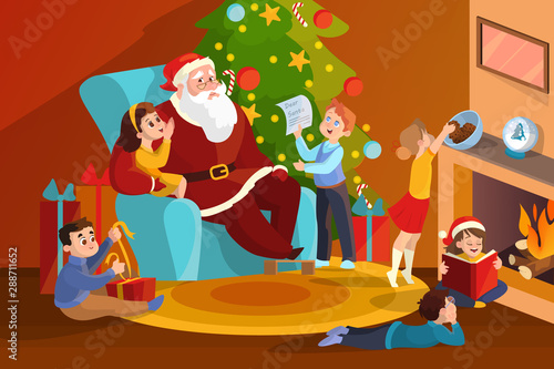 Santa Claus and children in the room celebrate Christmas