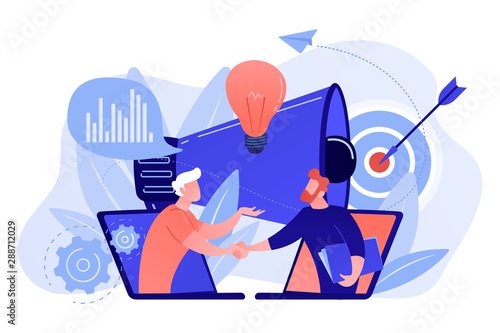 Businessmen handshake from laptops and megaphone. Collaboration and communication, corporate and cooperative business concept on white background. Living coral blue vector isolated illustration