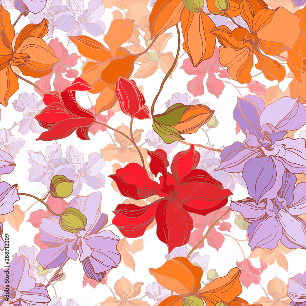 Orchid floral botanical flowers. Black and white engraved ink art. Seamless background pattern. Orchid floral botanical flowers. Black and white engraved ink art. Seamless background pattern.