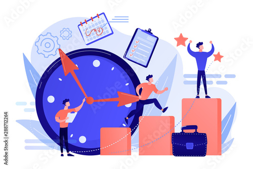 Businessman sets goals and runs up on graph columns for success on time. Self-management, self regulation learning, self-organization course concept. Living coral blue vector isolated illustration photo