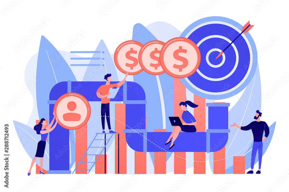 Sales reps and managers analyze sales pipeline. Sales pipeline management, representation of sales prospects, customer prospects lifecycle concept. Living coral bluevector isolated illustration