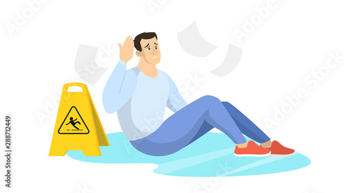 Man falling on the wet floor. Caution sign, warning