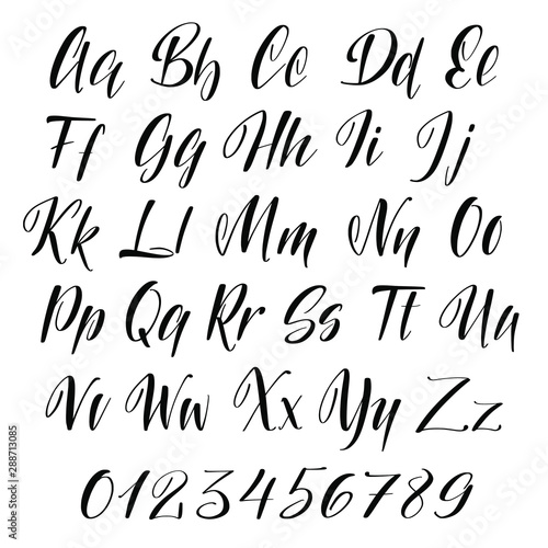 Hand lettering alphabet, script calligraphy. Vector type illustration.