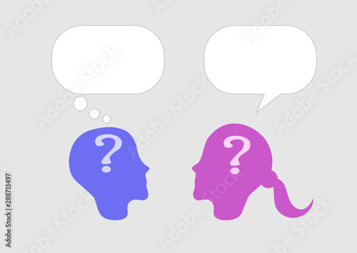 Man and woman communicate through speech bubbles. Couple conversation. Relationship, chat, communication, date,  understanding, talk. Question mark on head. Vector illustration, flat style, clip art. 