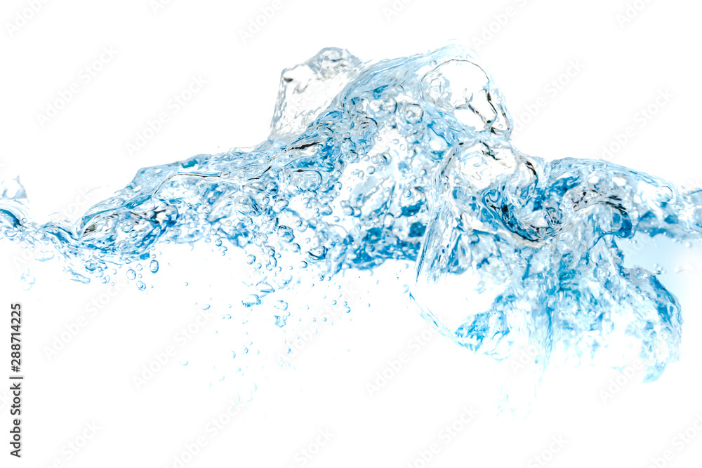 Obraz premium Clear water waves. Water wave and air bubbles isolated over white background. Blue water wave abstract background isolated on white