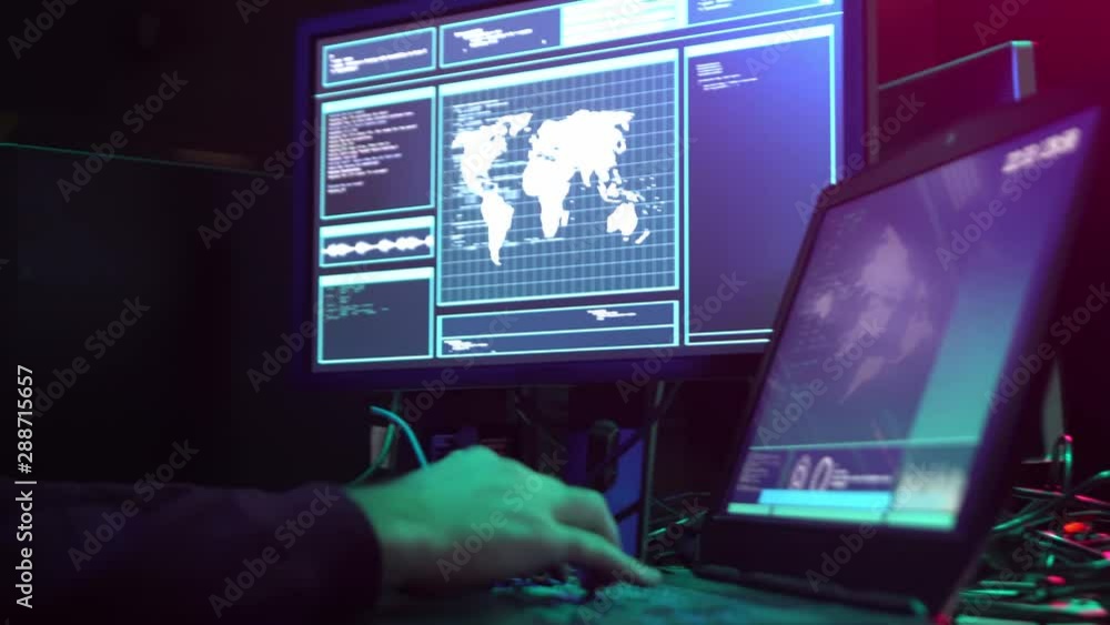 Hackers making cryptocurrency fraud using virus software and computer interface. Blockchain cyberattack, ddos and malware concept. Underground office. Hackers making cryptocurrency fraud using virus software and computer interface. Blockchain cyberattack, ddos and malware concept. Underground office.
