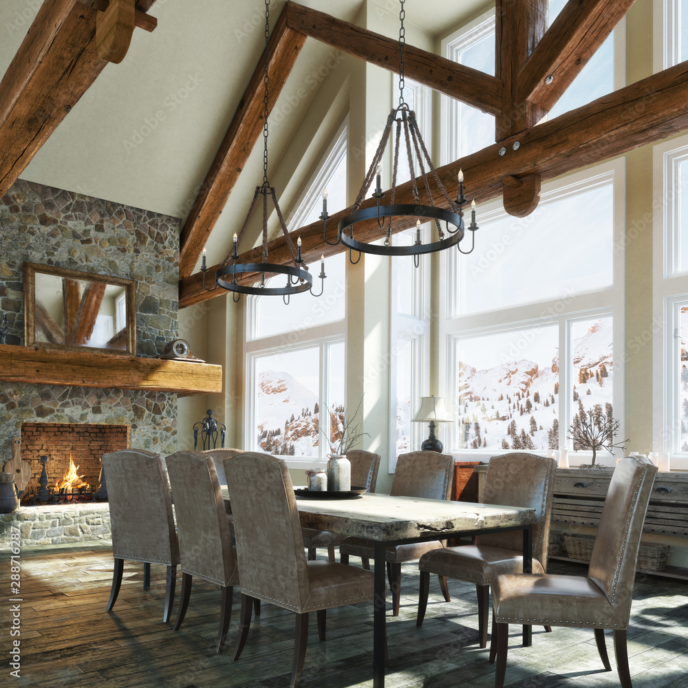 Luxurious open floor rustic cabin interior dinning room design with ...