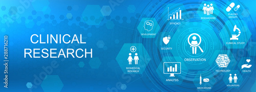 Healthcare concept. Medical research background with icons and Key aspects of the clinical research. Medical healthcare icons website banner. Vector illustration.  photo