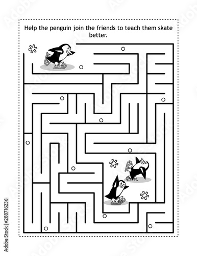 Winter or holidays themed maze game or activity page with skating penguins: Help the penguin join the friends and teach them to skate better.