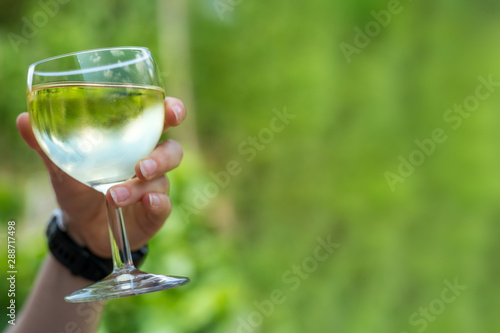 A hand holds a glass of white wine 