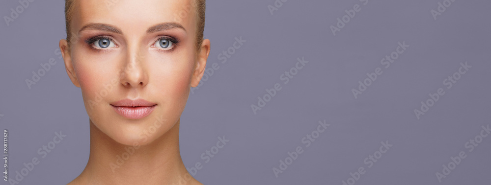 Attractive face of beautiful girl. Close-up portrait of healthy woman. Skin care, cosmetics, makeup, complexion and face lifting. - obrazy, fototapety, plakaty 
