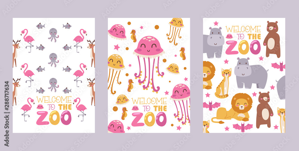 Zoo animals isolated on white background, vector illustration. Zoological banners with cute cartoon exotic animal characters. Jellyfish, lion, octopus, flamingo and hippo