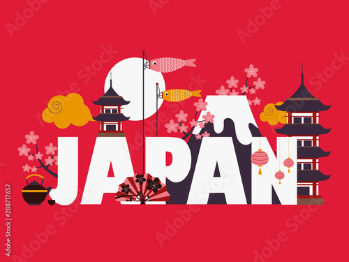 Japan famous symbols and landmarks, vector illustration. Sightseeing tour in Asian country, poster on red background in flat style. Popular Japanese attractions mount fuji and pagoda