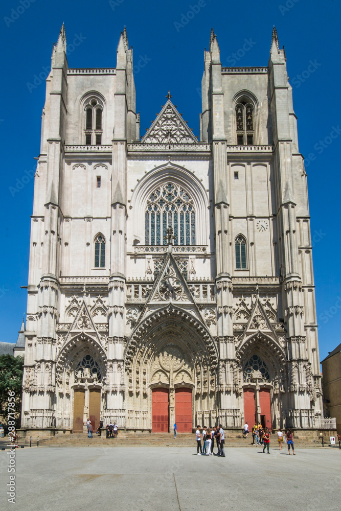 Facade of Cathedral Saint-Pierre and Saint Paul on a Sunny Summer Day in Nantes, Bretagne, France