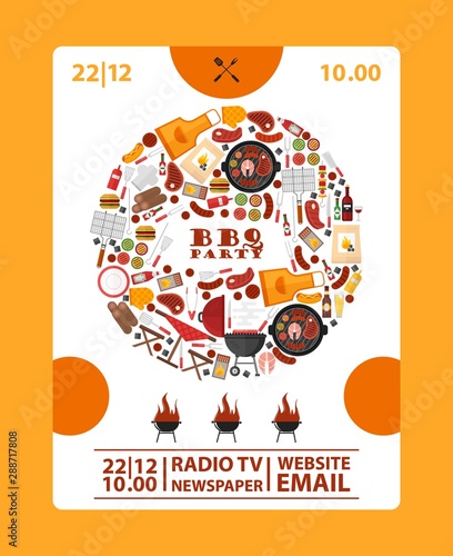 BBQ party announcement banner, vector illustration. Barbeque icons in round frame composition. Cookout barbeque event, advertisement poster, invitation card design