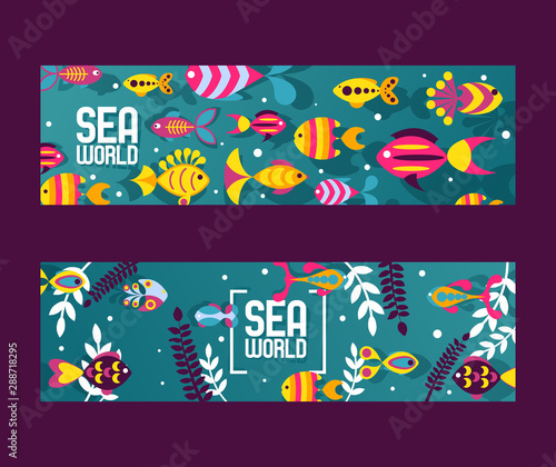 Fish, abstract colorful sea creatures, vector illustration. Banners for pet shop or zoo website. Decorative aquarium fish in cartoon flat style. Ocean underwater life