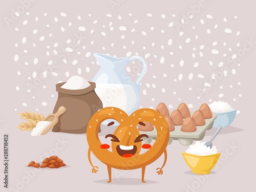 Pretzel recipe cooking class vector illustration. Funny laughing cartoon character, traditional bread snack. Baking pretzel ingredients on a table, flour, milk and eggs. Homemade pastry