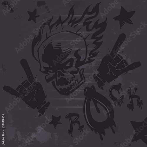 Grunge hard rock graffiti poster, vector illustration. Burning skull tattoo, rock club wall decoration, metal music band album cover, punk t-shirt print