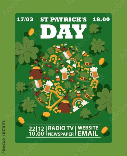 St Patricks day, vector illustration. Irish style party invitation in green color. Symbols of Ireland on celebration event announcement. Irish pub poster