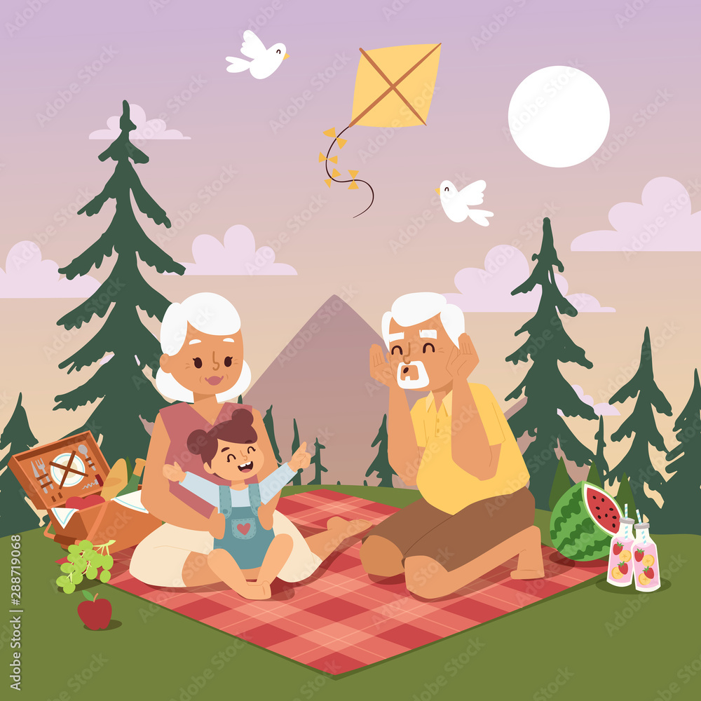 Grandmother and grandfather together play with their happy young granddaughter at a summer picnic outdoor nature near the forest, vector illustration Grandmother and grandfather together play with their happy young granddaughter at a summer picnic outdoor nature near the forest, vector illustration