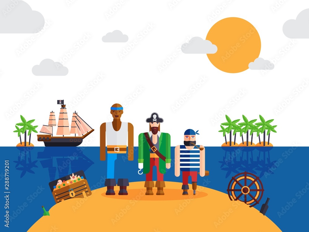 Pirates on desert island, vector illustration. Funny cartoon characters,  pirate captain and sailors. Corsairs of the Caribbean lost on a treasure  island Stock Vector | Adobe Stock
