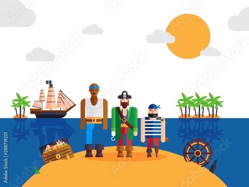 Pirates on desert island, vector illustration. Funny cartoon characters, pirate captain and sailors. Corsairs of the Caribbean lost on a treasure island