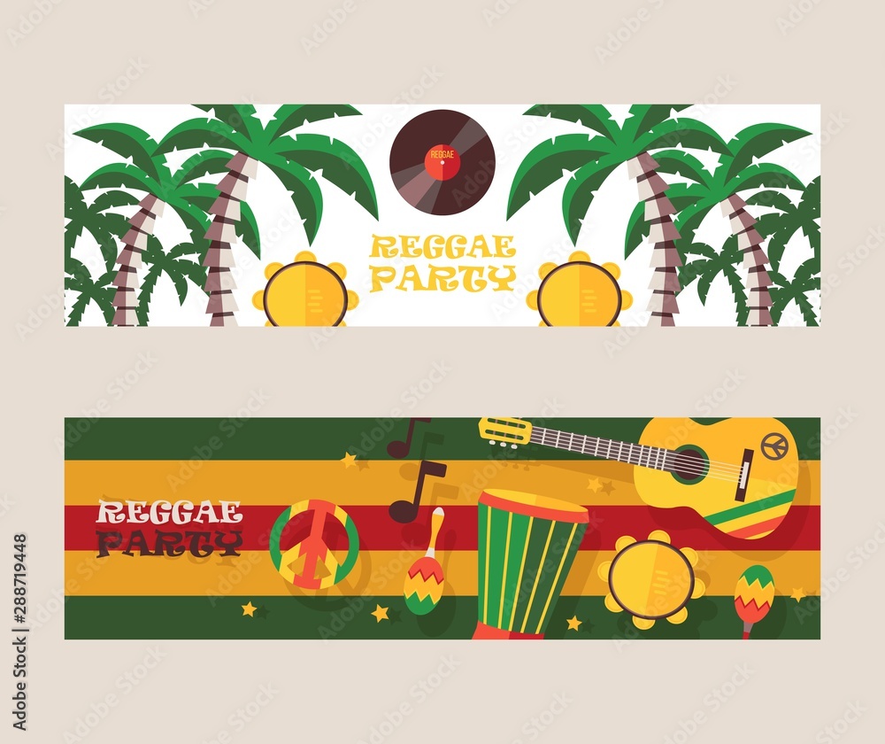 Reggae party invitation, vector illustration. Jamaican style music festival announcement. Colorful flat design banners for reggae event - obrazy, fototapety, plakaty 