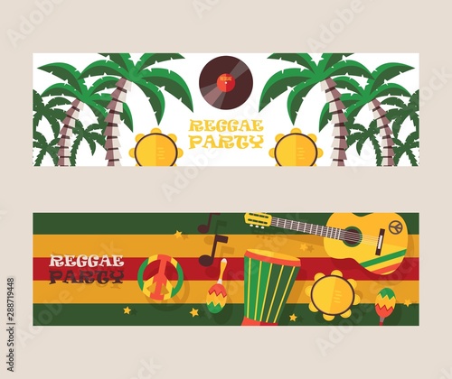 Reggae party invitation, vector illustration. Jamaican style music festival announcement. Colorful flat design banners for reggae event