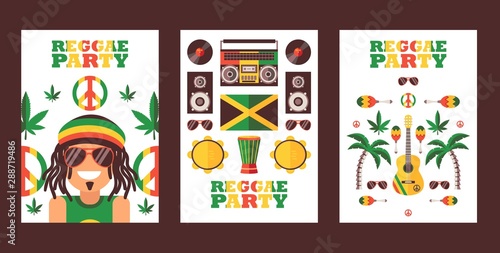Reggae party invitation, vector illustration. Jamaican style music festival announcement. Simple flat design banner for reggae event