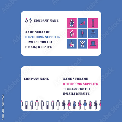 Restroom equipment supply and service business card design, vector illustration. Public WC icons, flat line bathroom symbol, professional service provider