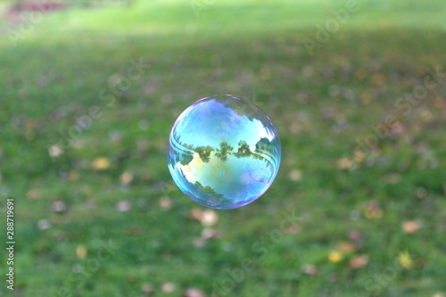 a large soap bubble in which nature is reflected