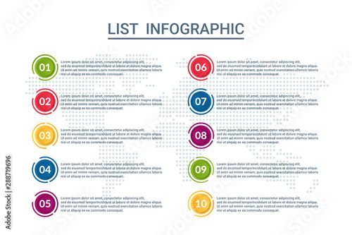 list infographic design with world map background. business infographic concept for presentations, banner, workflow layout, process diagram, flow chart and how it work