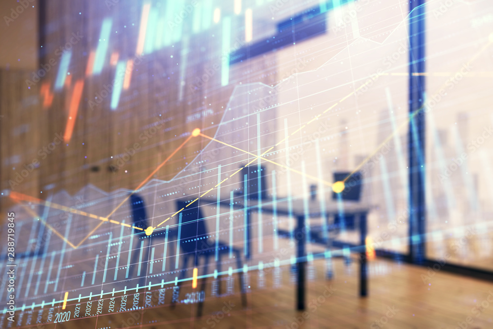 Business theme graph hologram with minimalistic cabinet interior background. Double exposure. Stock market concept. Business theme graph hologram with minimalistic cabinet interior background. Double exposure. Stock market concept.