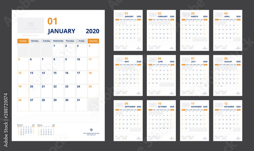 2020 calendar planner set for template corporate design week start on Sunday.