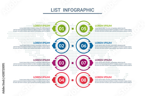 list infographic design with world map background. business infographic concept for presentations, banner, workflow layout, process diagram, flow chart and how it work
