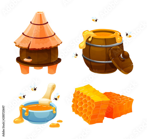 Beekeeping farm honey concept. Wooden keg with honey, jar honey, honeycomb with hive, honey bee, bee house. Honey beekeeping organic health product cartoon vector illustration isolated.