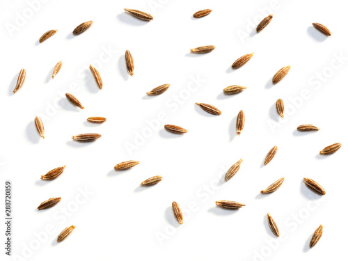 Cumin seeds (Cuminum), jeera on a white background. Macro photo