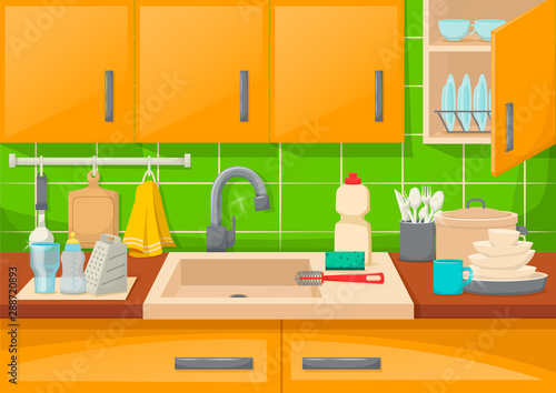Kitchen sink with clean dishes and accessories, order and comfort.