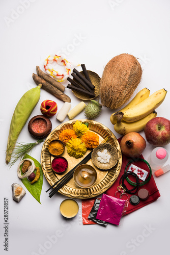 Pooja Material / Puja Sahitya in Hindu Religion from India, arranged in a group. selective focus photo