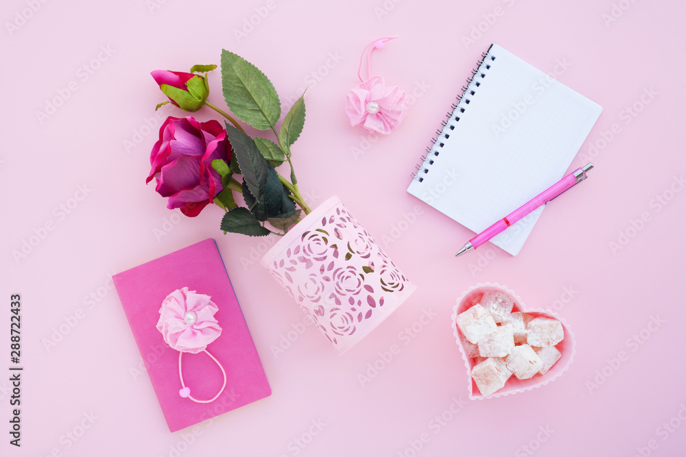 Flat lay girly, pale pink items for planning, notepads, pens, office work or working at home on her laptop, on the pale pink background, with place for labels. Concept Desk.