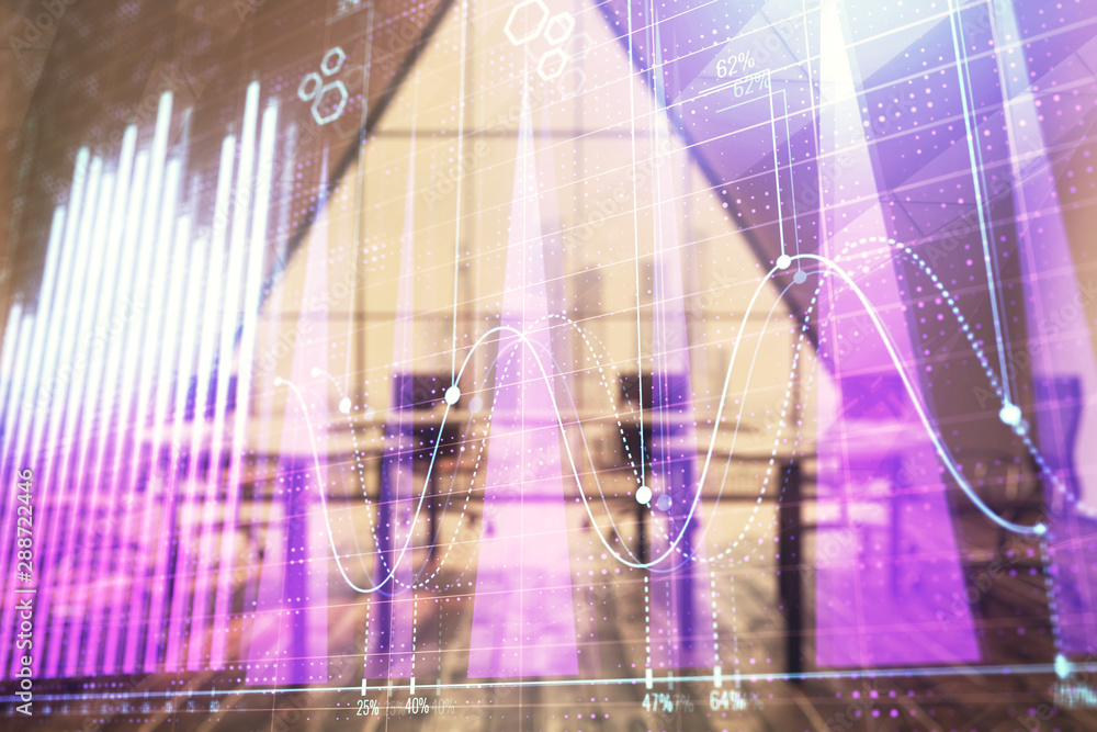 Double exposure of forex chart on conference room background. Concept of stock market analysis Double exposure of forex chart on conference room background. Concept of stock market analysis
