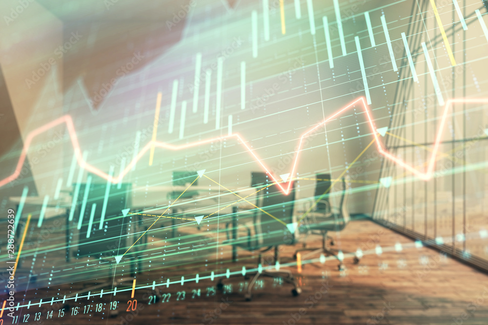 Multi exposure of stock market graph on conference room background. Concept of financial analysis Multi exposure of stock market graph on conference room background. Concept of financial analysis