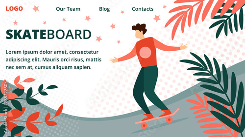 Young Guy in Summer Clothing Riding Skateboard.