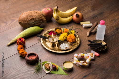 Pooja Material / Puja Sahitya in Hindu Religion from India, arranged in a group. selective focus photo