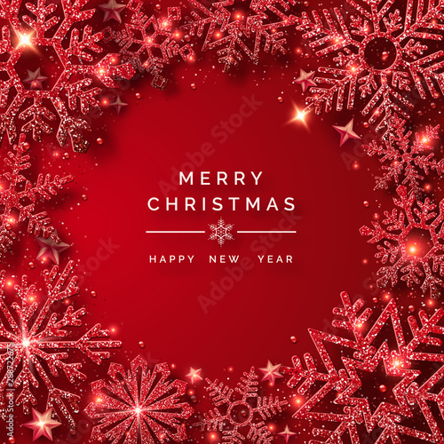 Christmas background with shining red snowflakes and snow. Round frame shape. Merry Christmas card illustration on red background. Sparkling red snowflakes with glitter texture